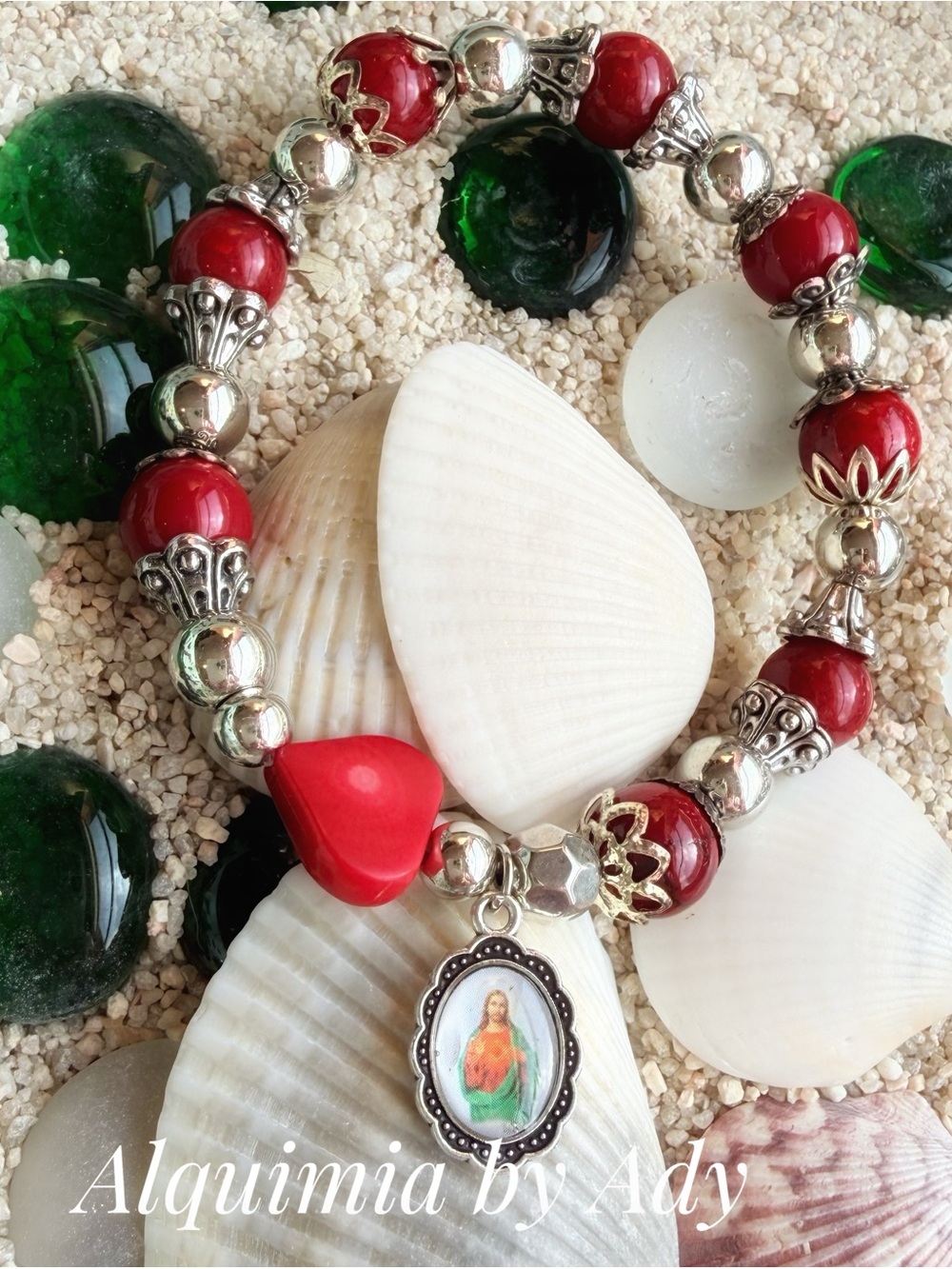 Gift + Red coral 🪸 and Silver Beaded Bracelet with Religious Portrait Charm
